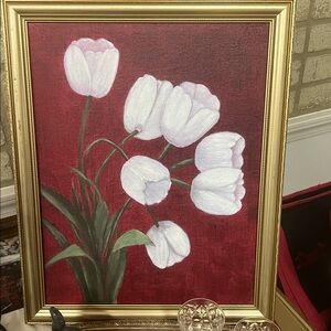 Acrylic painting of White Tulips on a Red painted background by unknown artist